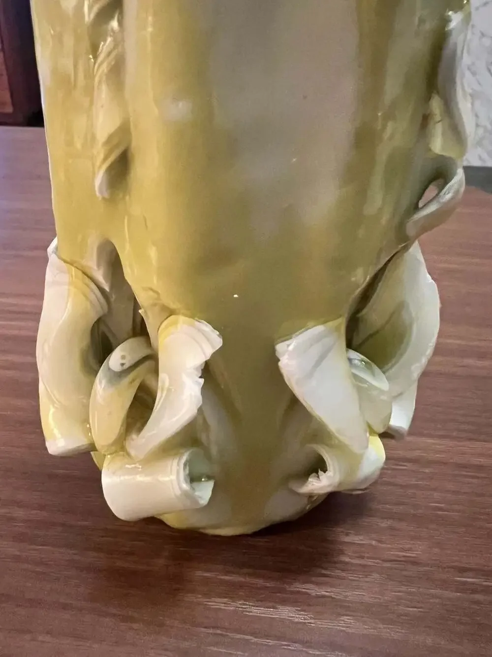 Vintage Hand Carved Sculpted Pillar Candle Green and White Wax
